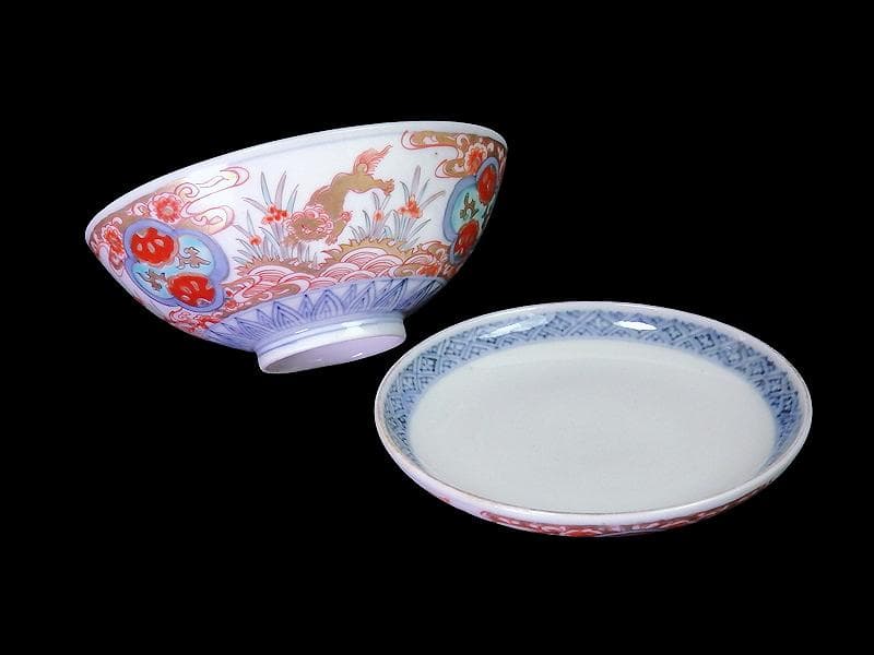 古伊万里　金襴手　青海波に菖蒲　獅子の図　蓋茶碗　E808AS-DCp