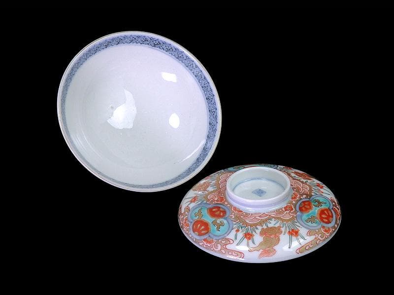 古伊万里　金襴手　青海波に菖蒲　獅子の図　蓋茶碗　E808AS-DCp