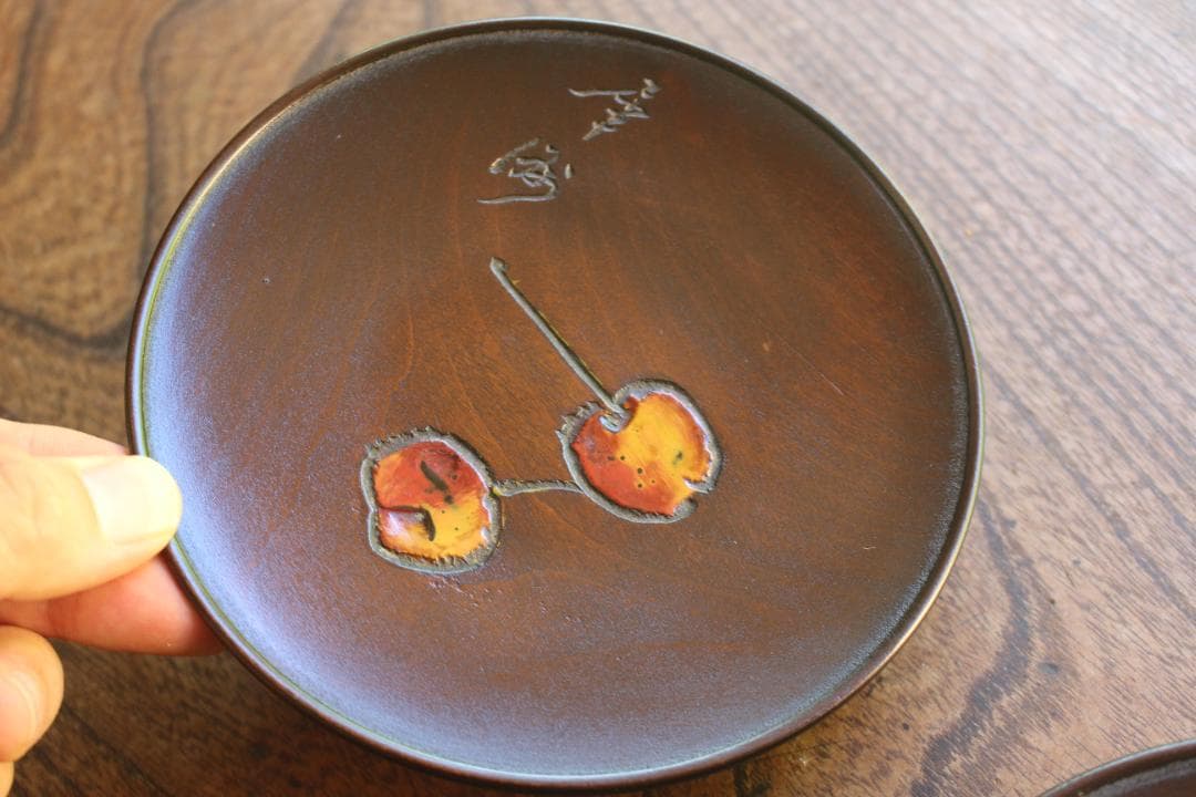 矢部犀洲作！風情ある野菜果物文の映える鳥城彫の台付皿5点（検讃岐彫菓子皿銘々皿