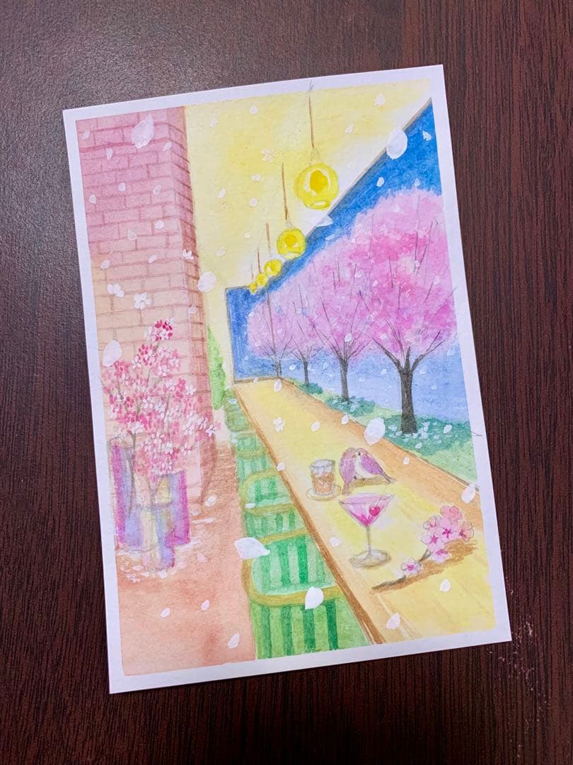 水彩画　桜の舞うカフェ　値段は※900円です