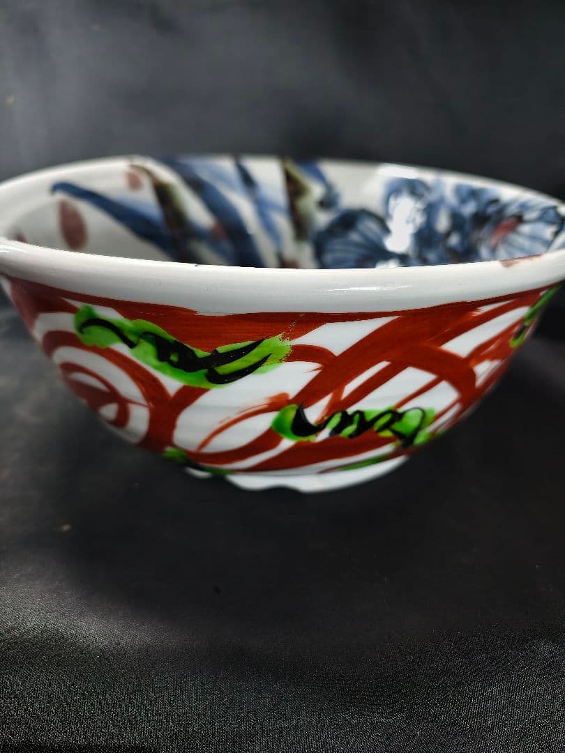 陶芸家梅田純一作品 赤絵手描き深鉢 鉄釉 共箱 蒐集家放出美品 未使用蔵出し