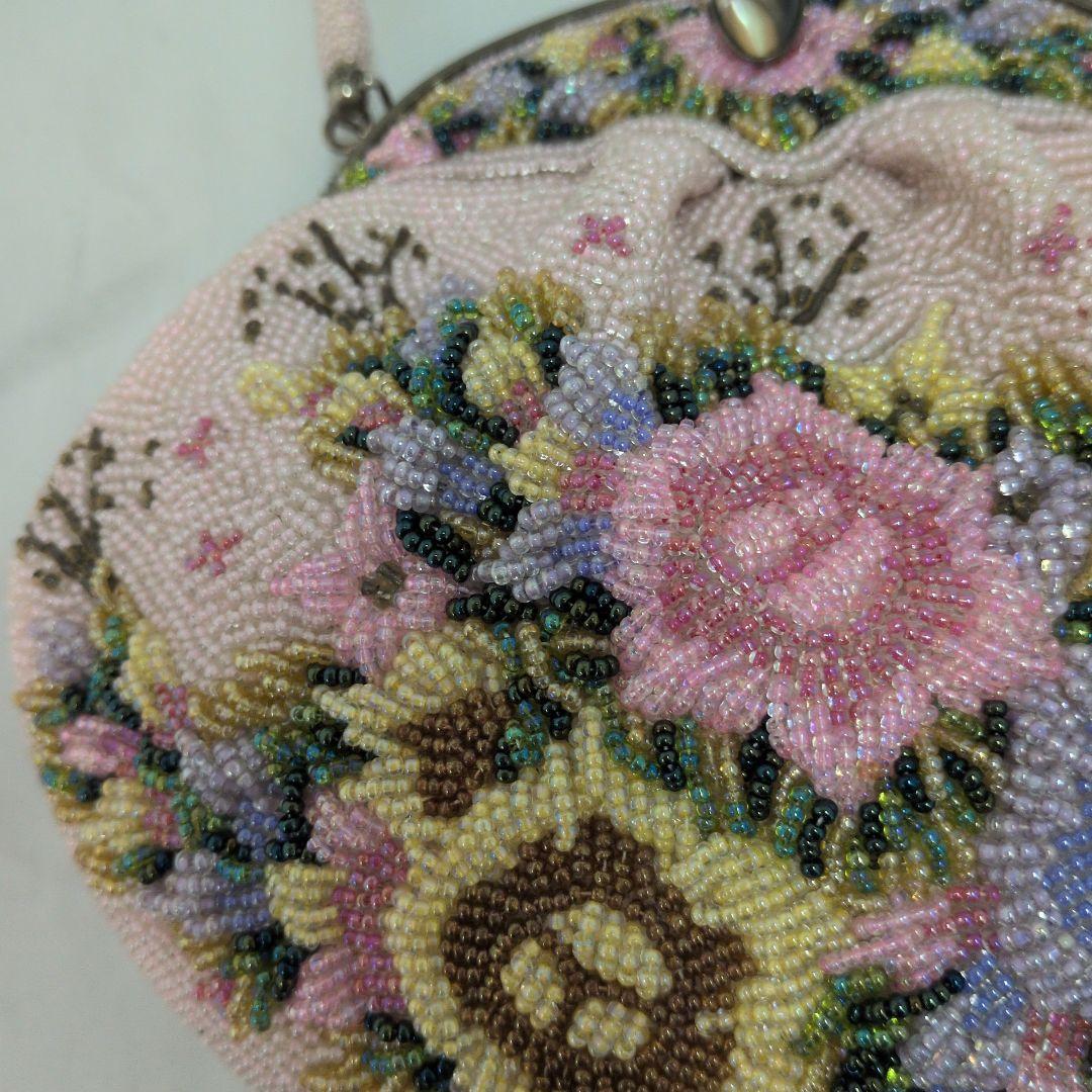 レトロなフラワーモチーフ ビーズ刺繍 ハンドバッグ