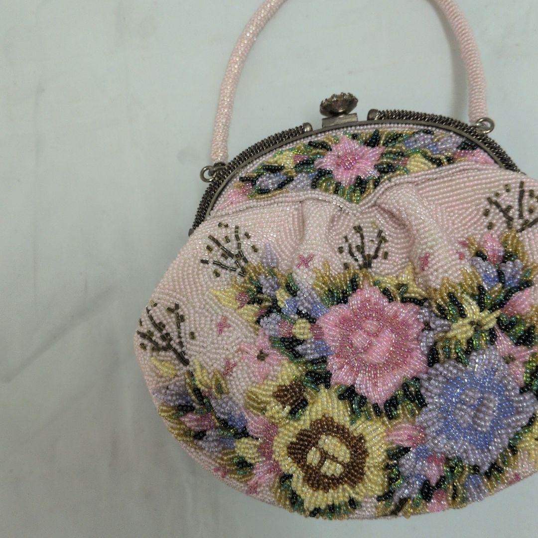 レトロなフラワーモチーフ ビーズ刺繍 ハンドバッグ