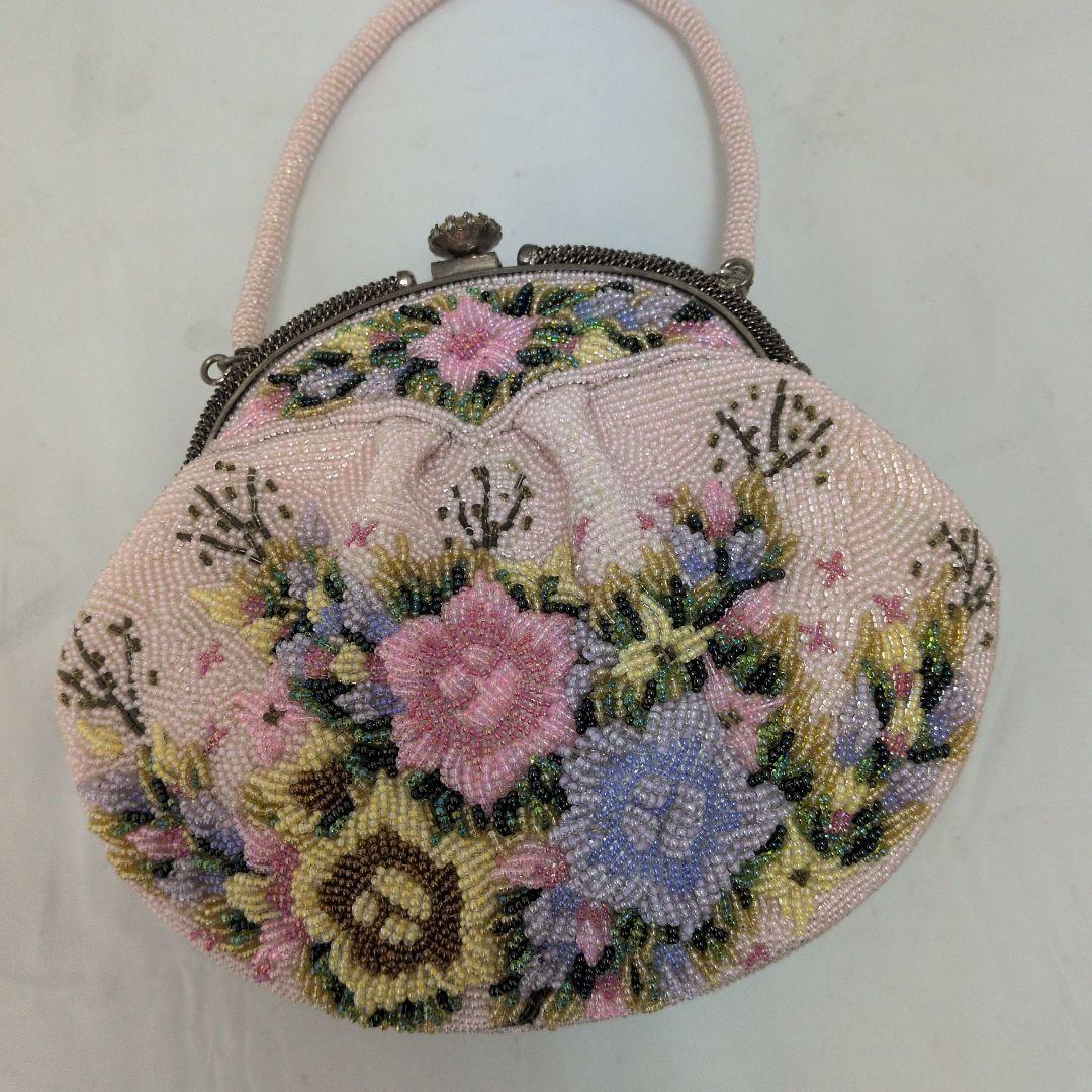 レトロなフラワーモチーフ ビーズ刺繍 ハンドバッグ