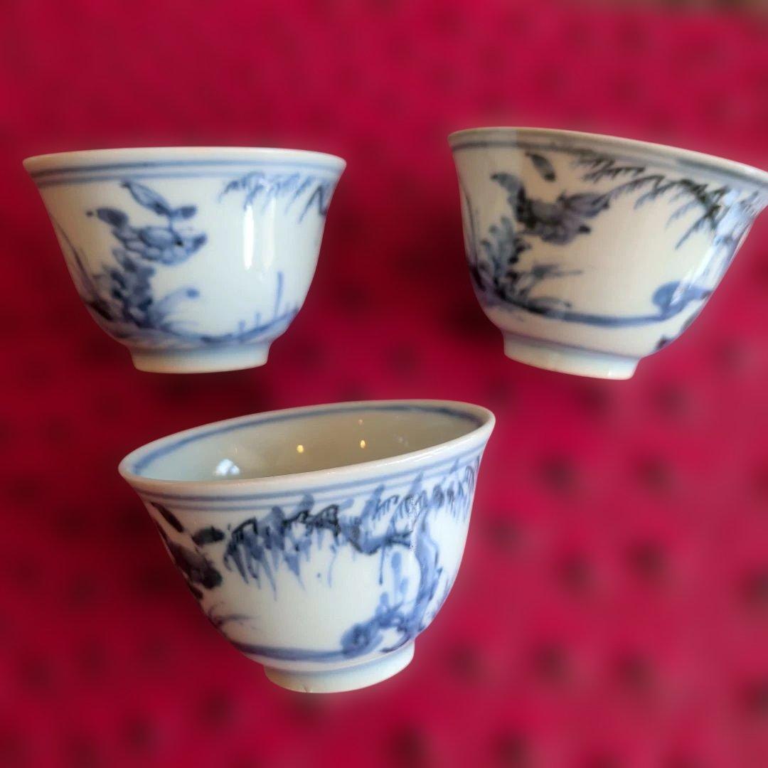 清朝染付　兎図　煎茶碗(3客)