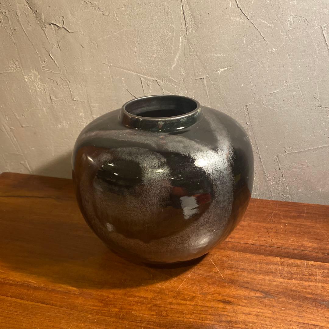 益子焼 鉄釉丸形花瓶 壺 関澤武作 共箱 花瓶 花入 骨董品