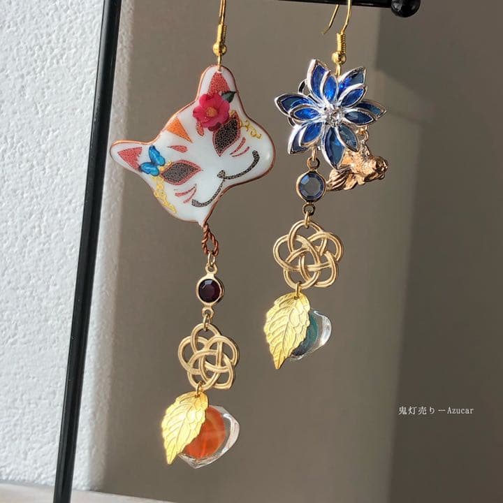 猫面と鬼灯　蓮と椿と金魚　レジン鬼灯　モルフォ蝶　和ゴス　ピアス　イヤリング