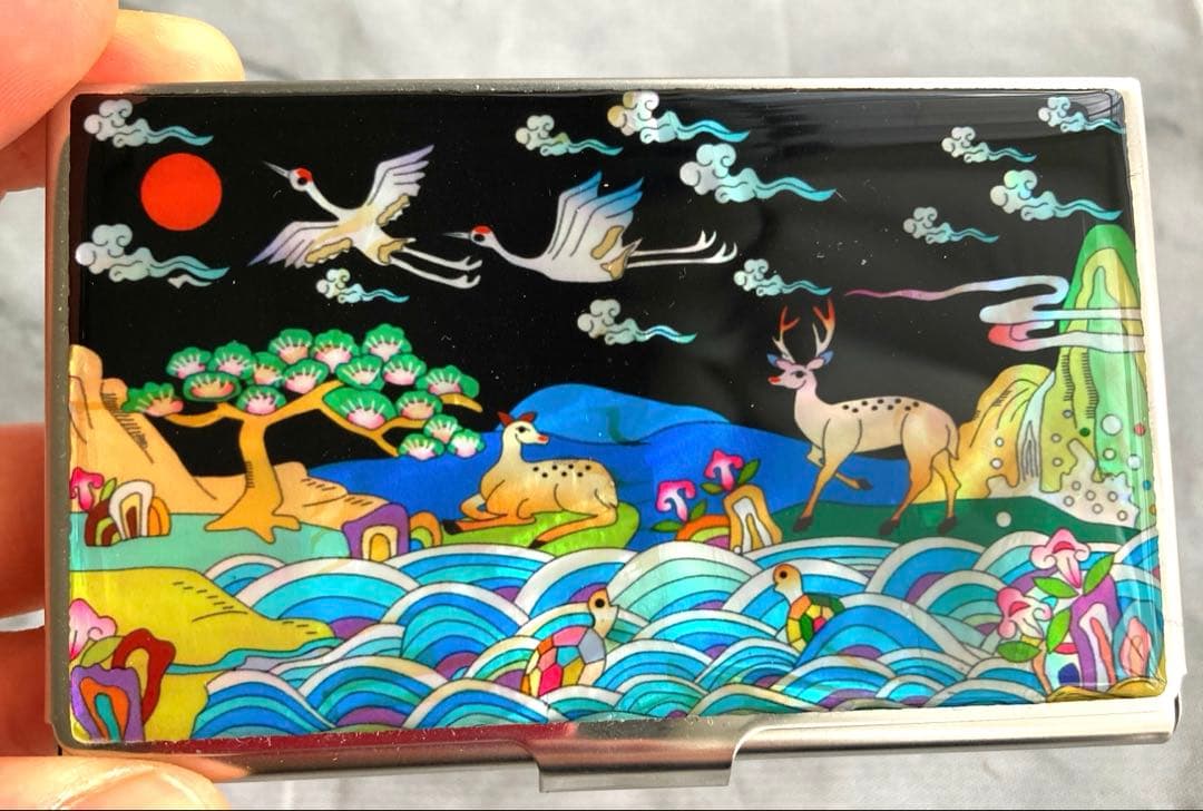 Korea 韓国製　風景画　名刺入れ　鶴　亀　鹿　松の木　満月　川　山　希少品