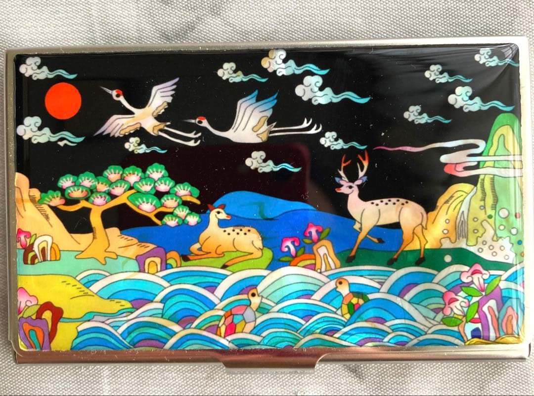 Korea 韓国製　風景画　名刺入れ　鶴　亀　鹿　松の木　満月　川　山　希少品