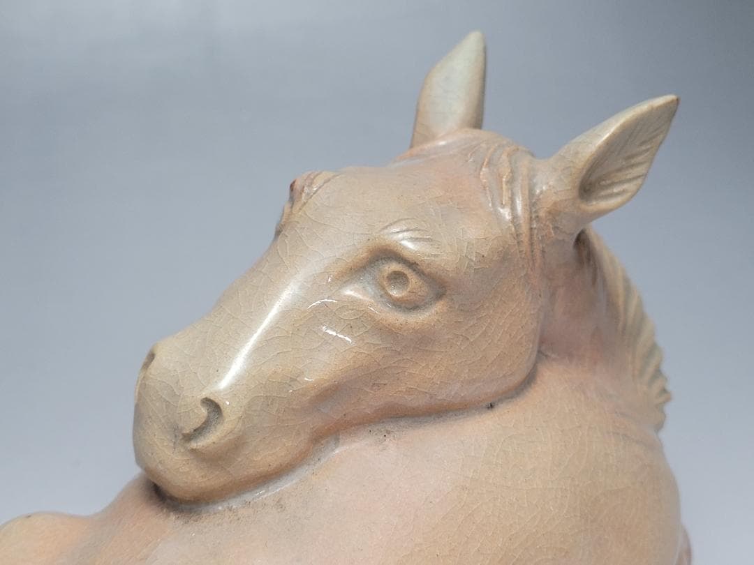 萩焼 唐津焼 中野霓林作 馬型 置物 在銘 幅約18.2cm