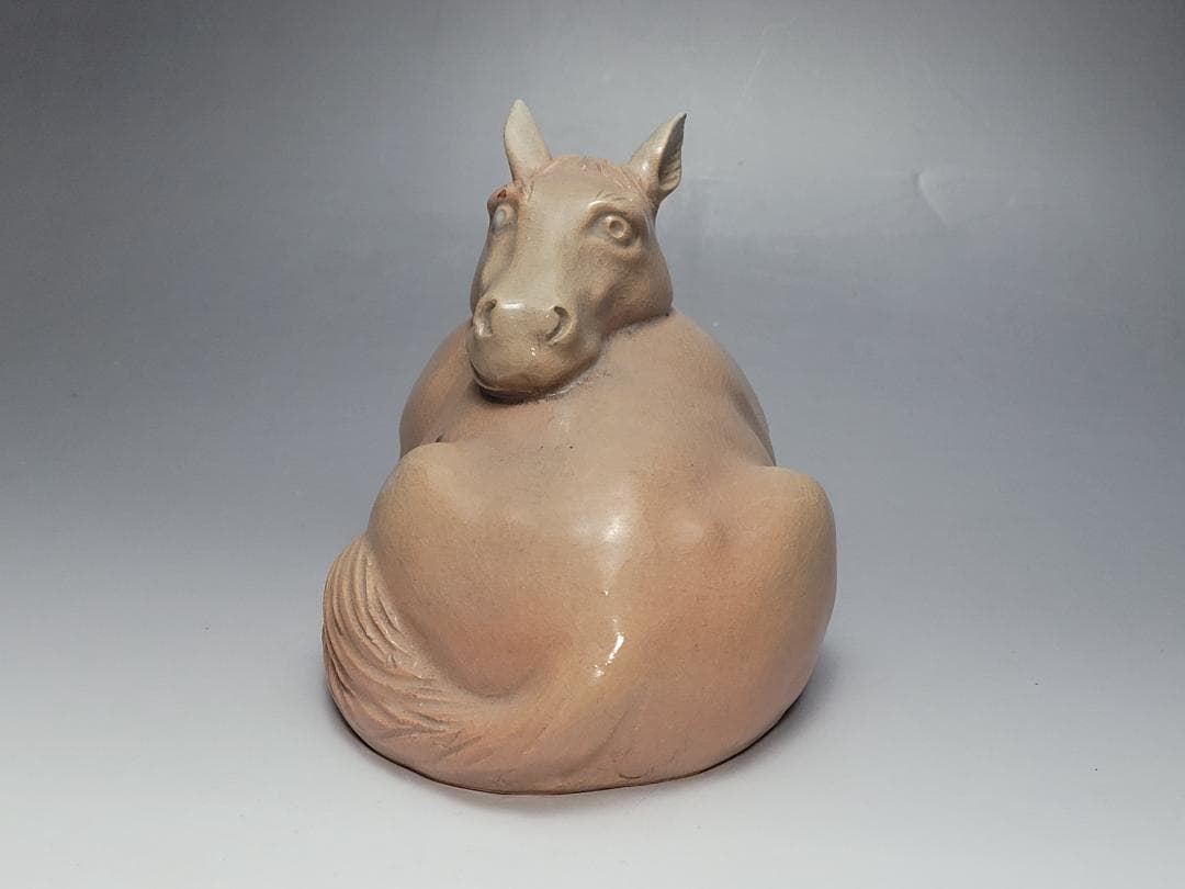 萩焼 唐津焼 中野霓林作 馬型 置物 在銘 幅約18.2cm