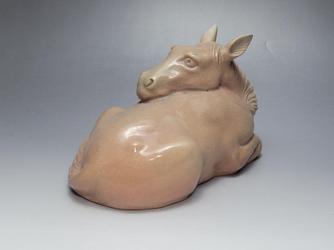 萩焼 唐津焼 中野霓林作 馬型 置物 在銘 幅約18.2cm