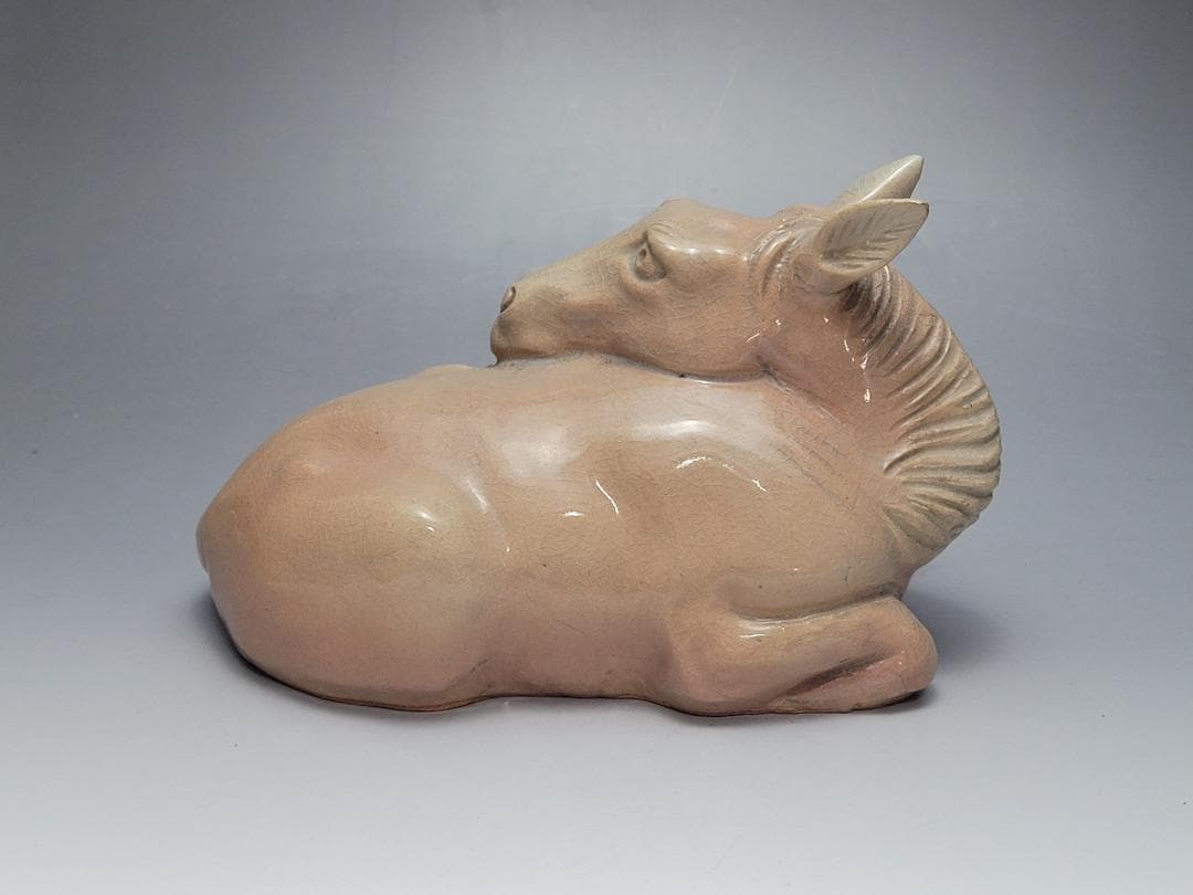 萩焼 唐津焼 中野霓林作 馬型 置物 在銘 幅約18.2cm