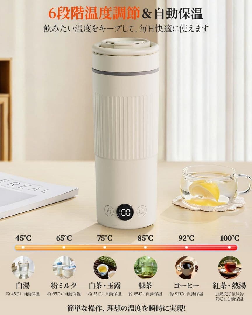 電気ケトル 携帯用 600ml 海外対応 100-240V 温度調節 保温 白