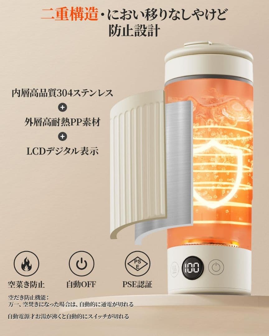 電気ケトル 携帯用 600ml 海外対応 100-240V 温度調節 保温 白
