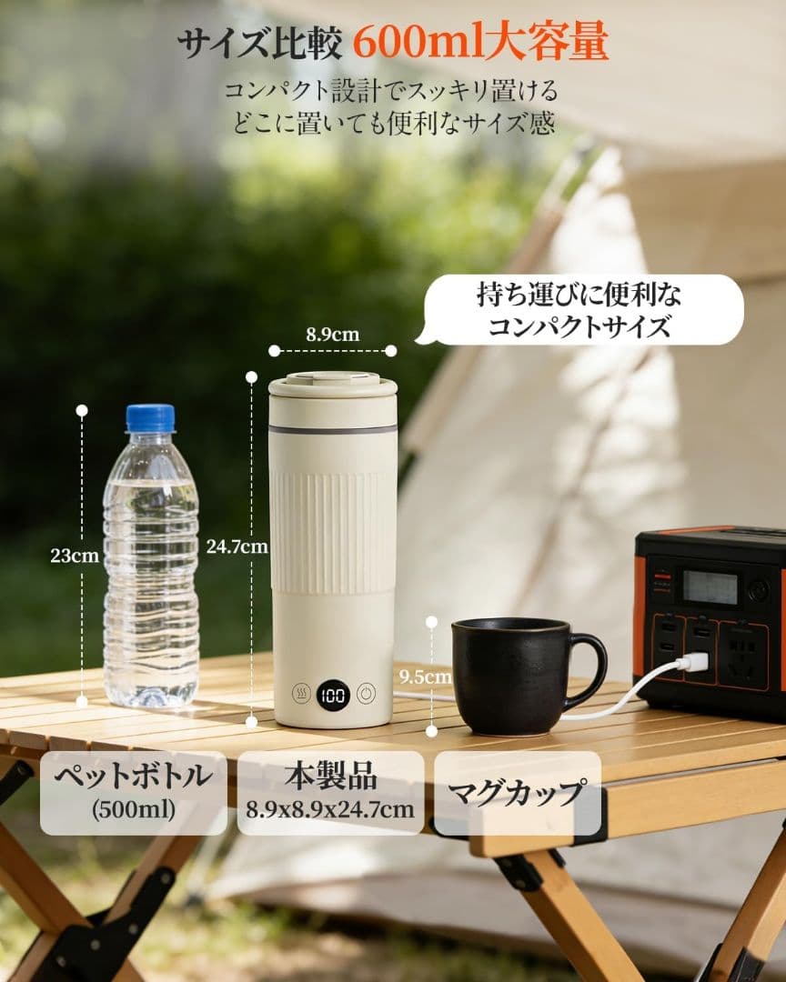 電気ケトル 携帯用 600ml 海外対応 100-240V 温度調節 保温 白