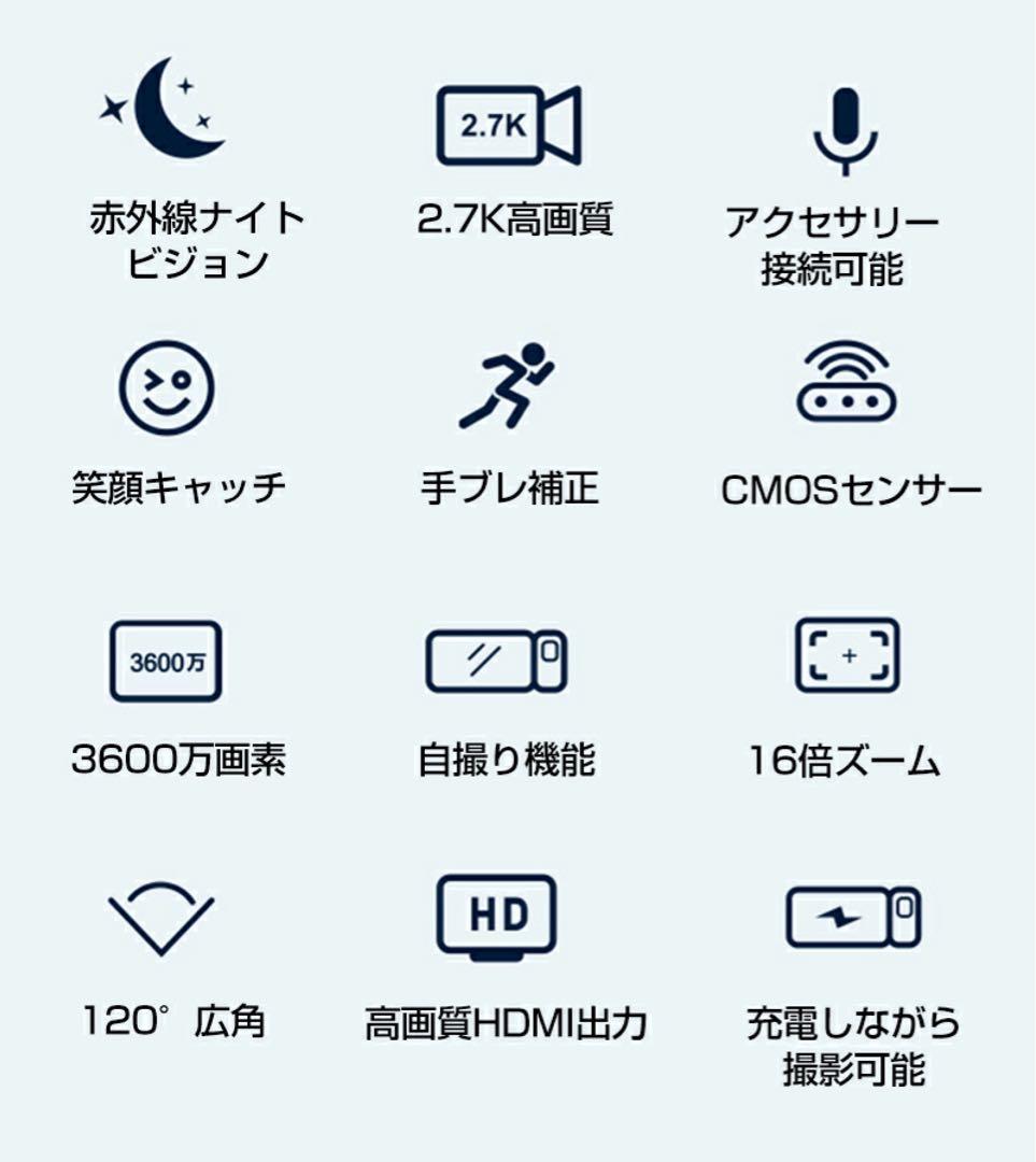 ビデオカメラ 2.7K 3600万画素 32GBカード付き Wifi機能