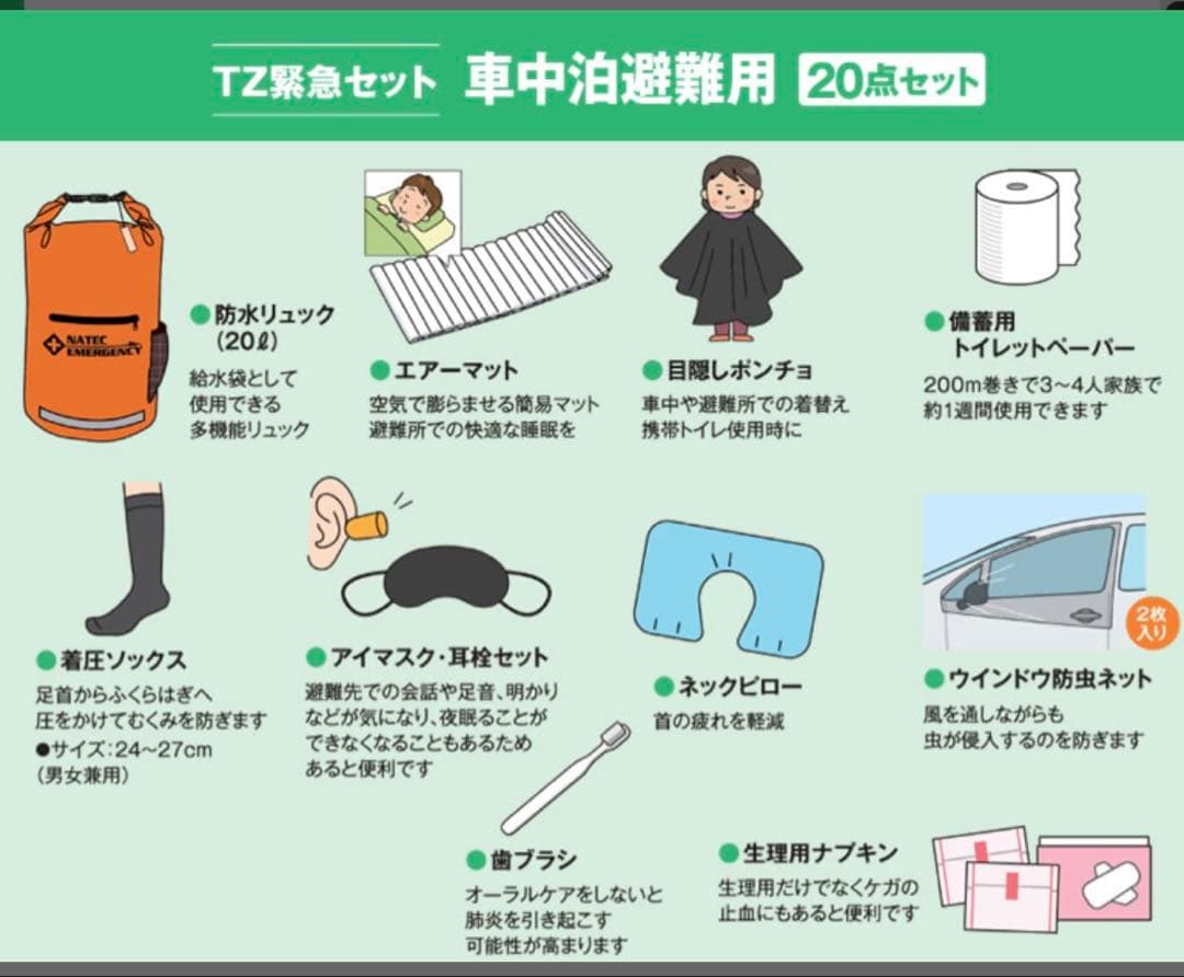 TZ 緊急セット 車中泊避難用 20点セットv9tzeg005