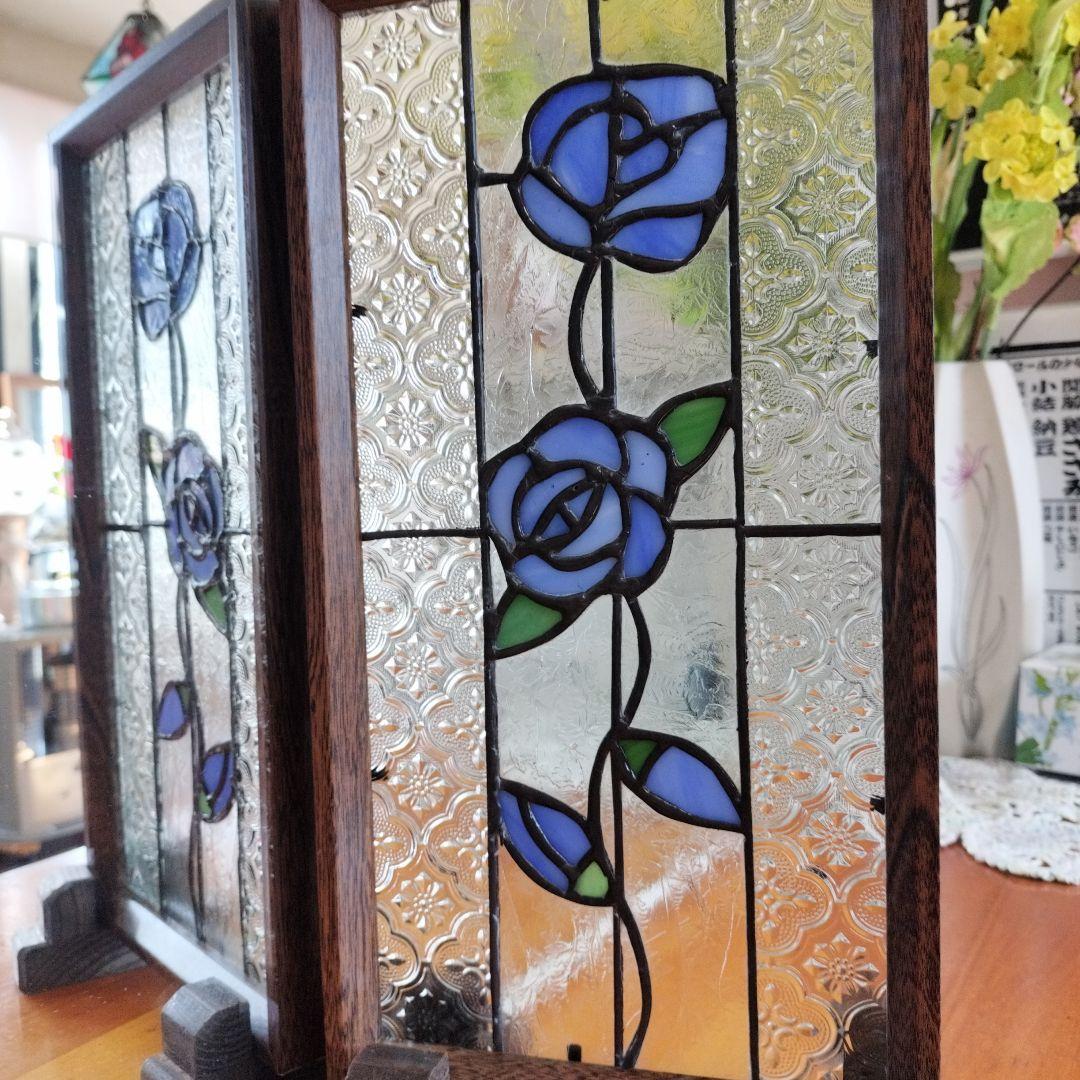 ステンドグラス◆レトロ風青い薔薇◆ハンドメイト品