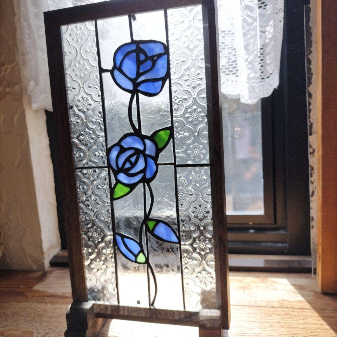 ステンドグラス◆レトロ風青い薔薇◆ハンドメイト品