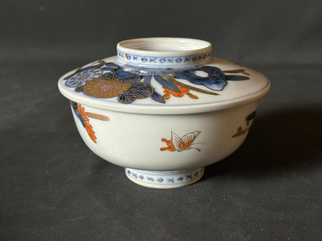 古伊万里 染錦 金彩 花蝶図 蒸茶碗 5客 江戸後期 67