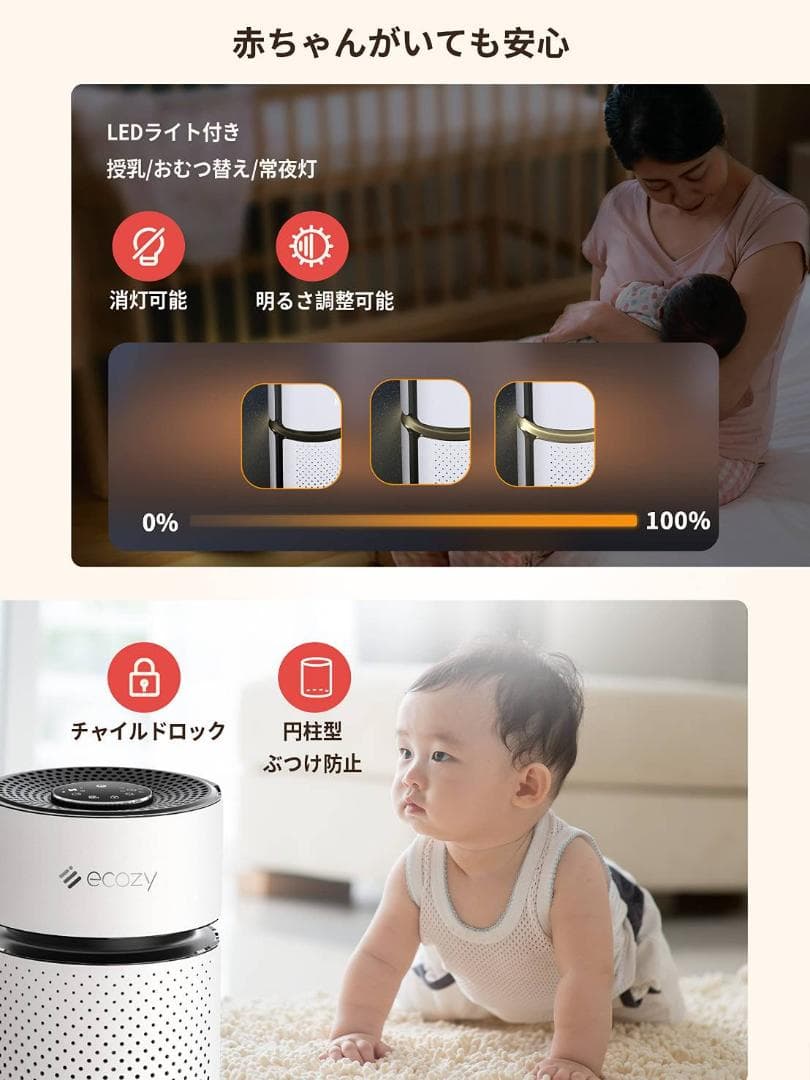 コンパクトな卓上空気清浄機、4段階の風量調節とライトが搭載されています