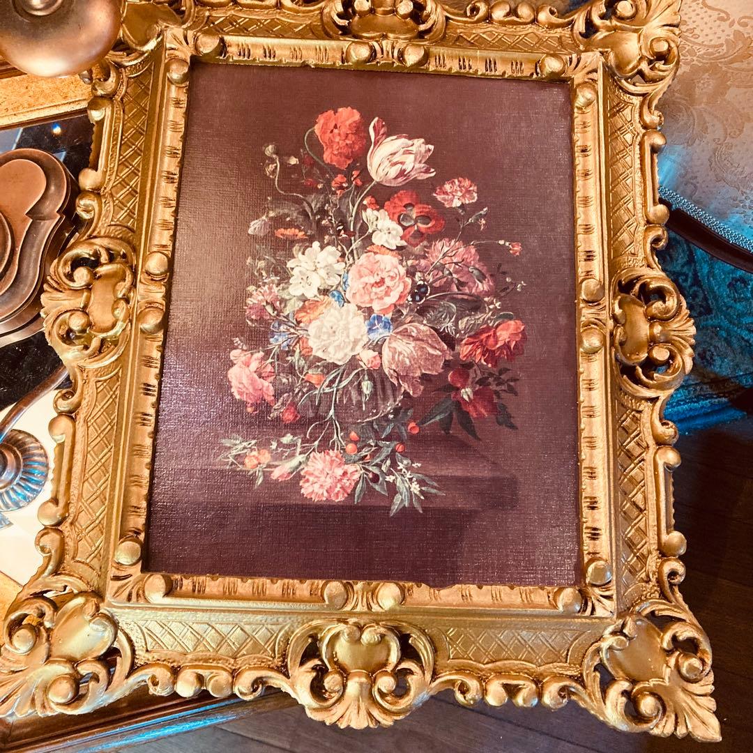 湯布院アンティーク イタリア製 ゴールド額縁 ローズ絵画 ビンテージ品
