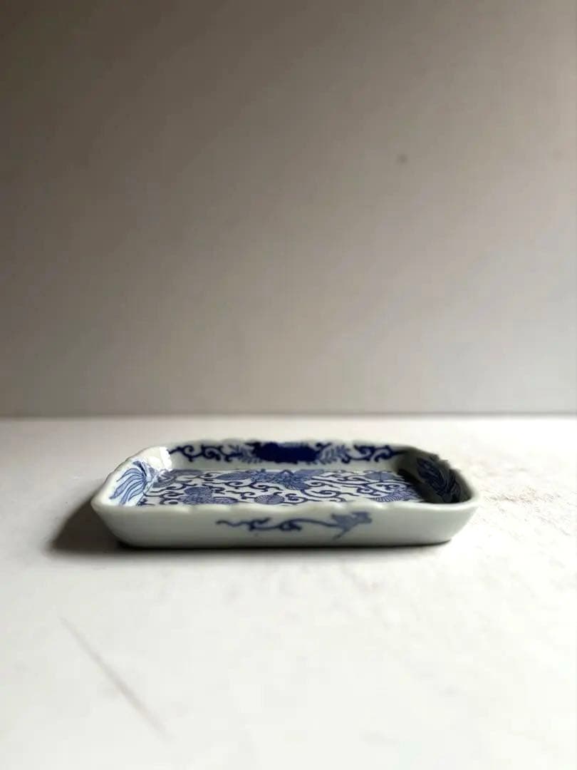 966 骨董 アンティーク 花唐草四角皿 2点組 染付 印判 未使用 大正