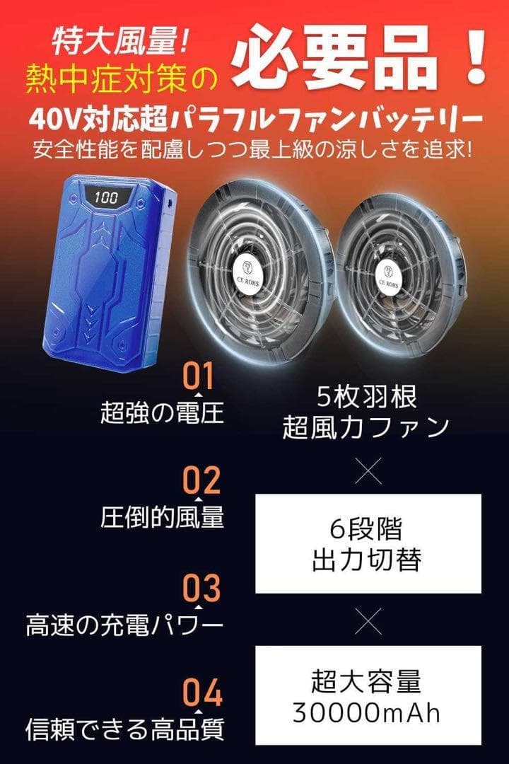 業界超強40V 30000mAh ファンバッテリーセット 空調作業服