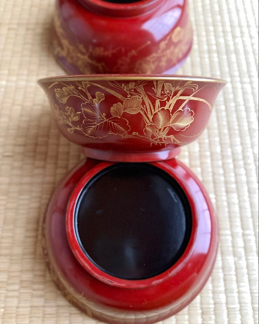 骨董漆器 鉢3点セット 美しい金色植物装飾