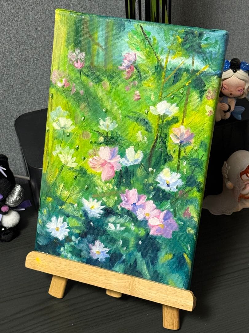 「陽だまりの花」　手描き　肉筆　油絵　風景画　原画　油彩画　印象派