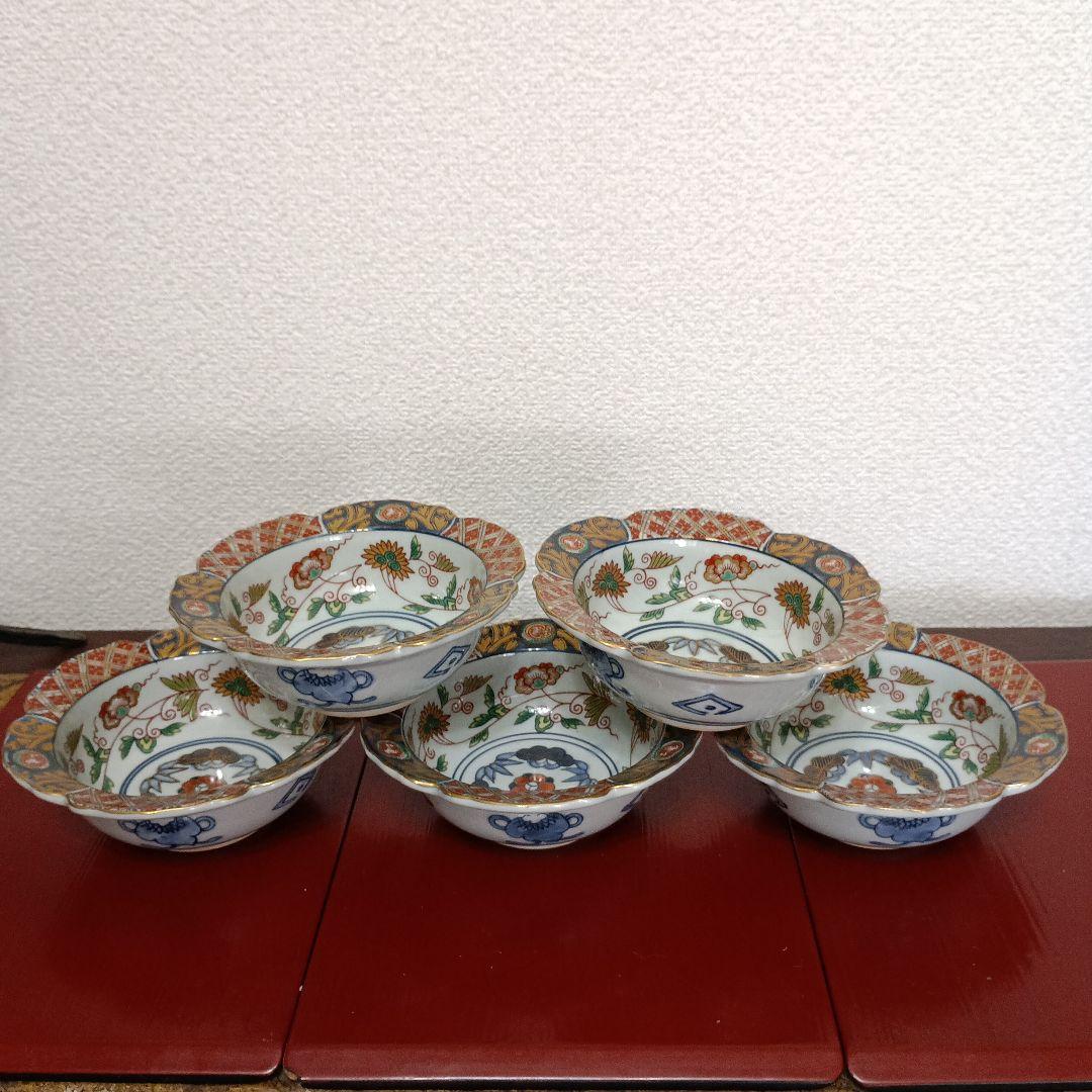 【林九郎窯】波佐見焼　古伊万里花型地紋金菊小鉢　5客組　未使用品　箱無し