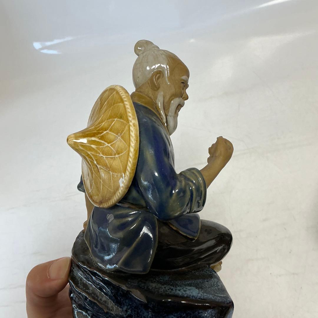 中国　石湾陶器　マッドマン（Mudman）　人形陶器製 老人の像 青い衣装