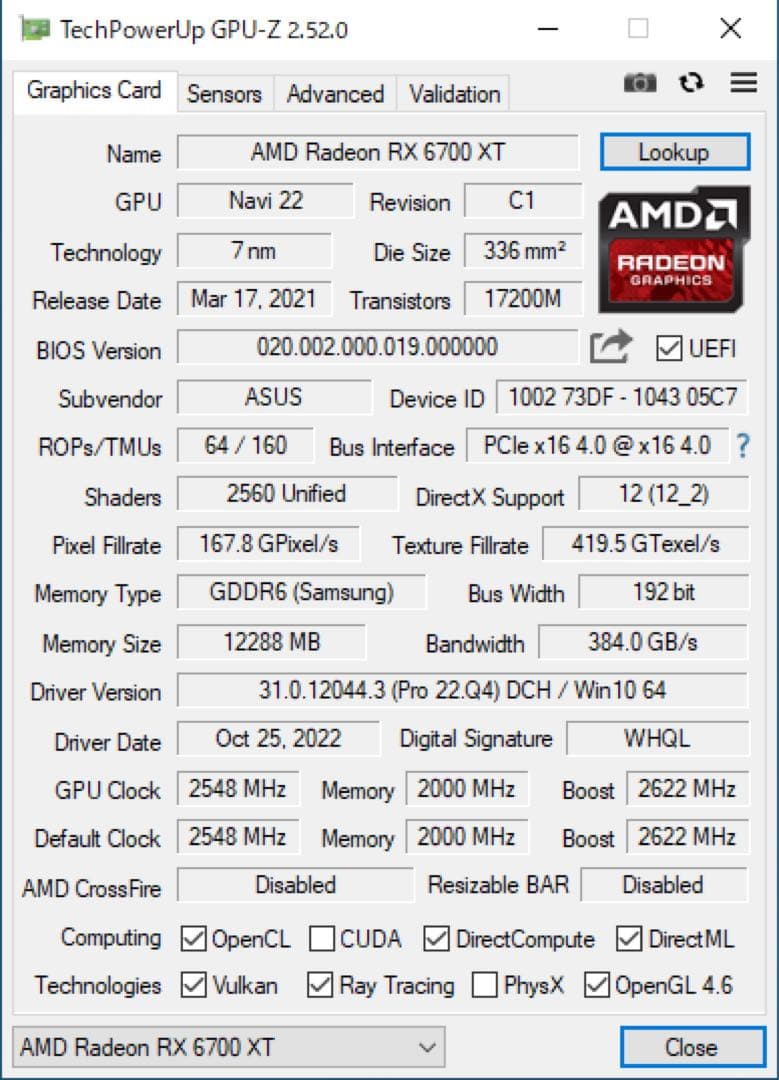 【ASUS】ROG-STRIX-RX6700XT-O12G-GAMING GPU
