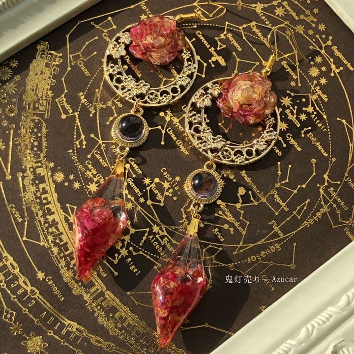 黄昏のワイン 赤薔薇ドライフラワー レジン鉱物　ピアス　イヤリング　ゴシック
