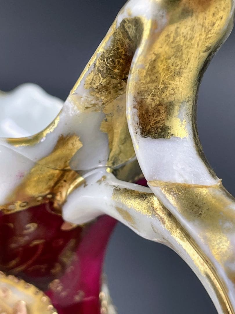 【訳有】オールドノリタケ アールヌーボー様式 バラ紋金盛り花瓶 メープルリーフ