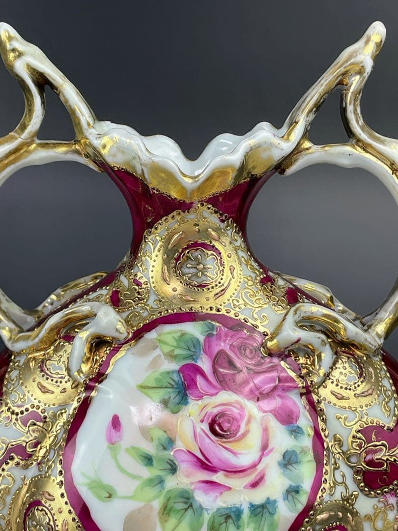 【訳有】オールドノリタケ アールヌーボー様式 バラ紋金盛り花瓶 メープルリーフ