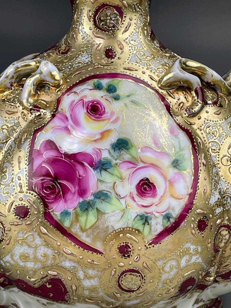 【訳有】オールドノリタケ アールヌーボー様式 バラ紋金盛り花瓶 メープルリーフ