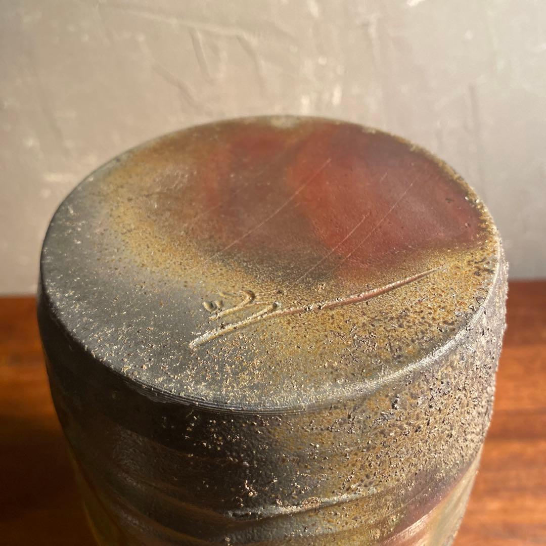 備前焼 大平一誠 双耳花入 共箱 花器 オブジェ 骨董品 在銘 作家物