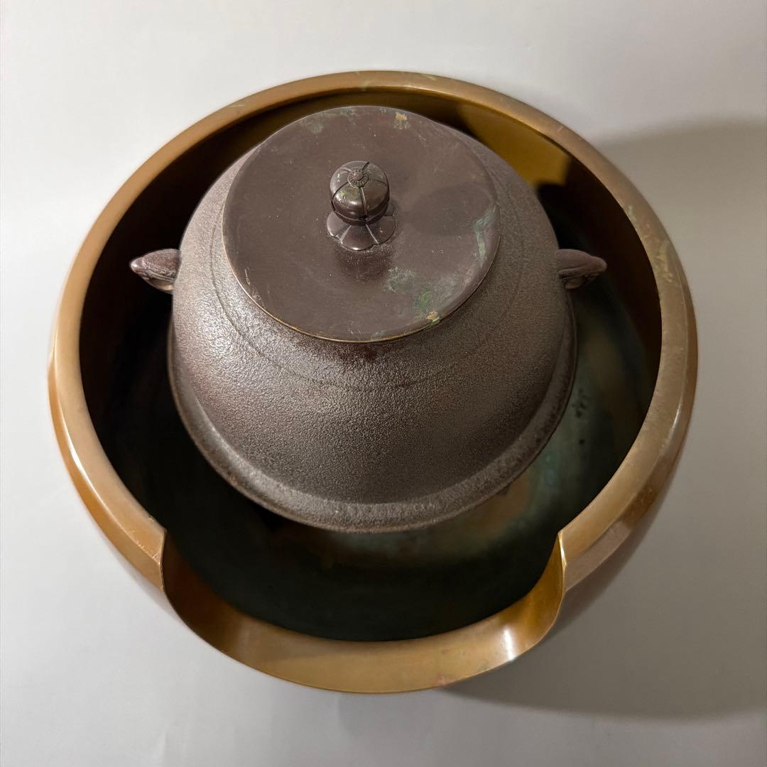 茶道具 唐銅 面取風炉 羽付 真形釜 虫喰五徳 セット 高橋敬典 五徳 風炉 釜