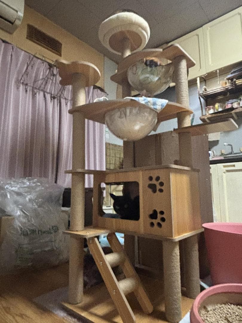 日本メーカー RAKU キャットタワー 木製 宇宙船付き 高さ約160 cDXT