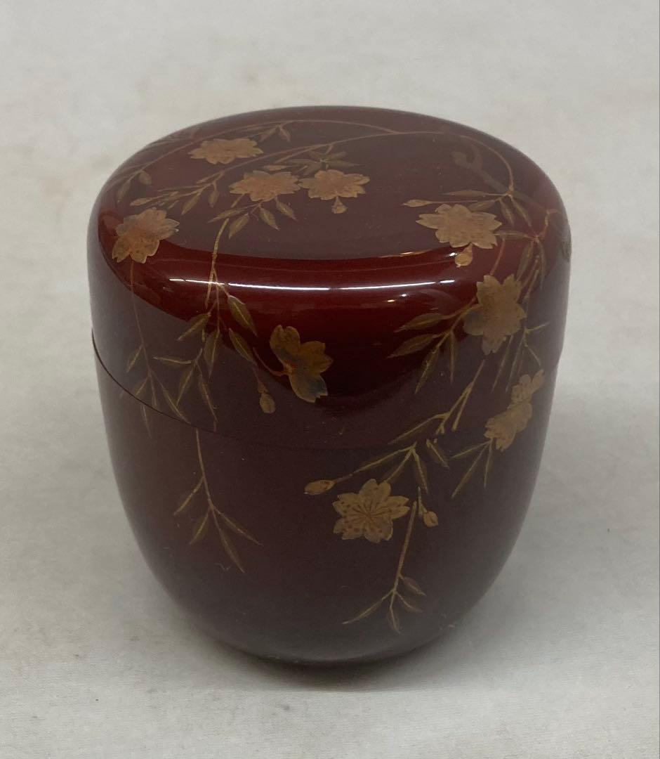 B531b「桜蒔絵 棗」佐路作　溜塗　共箱　平安　茶器　茶道具