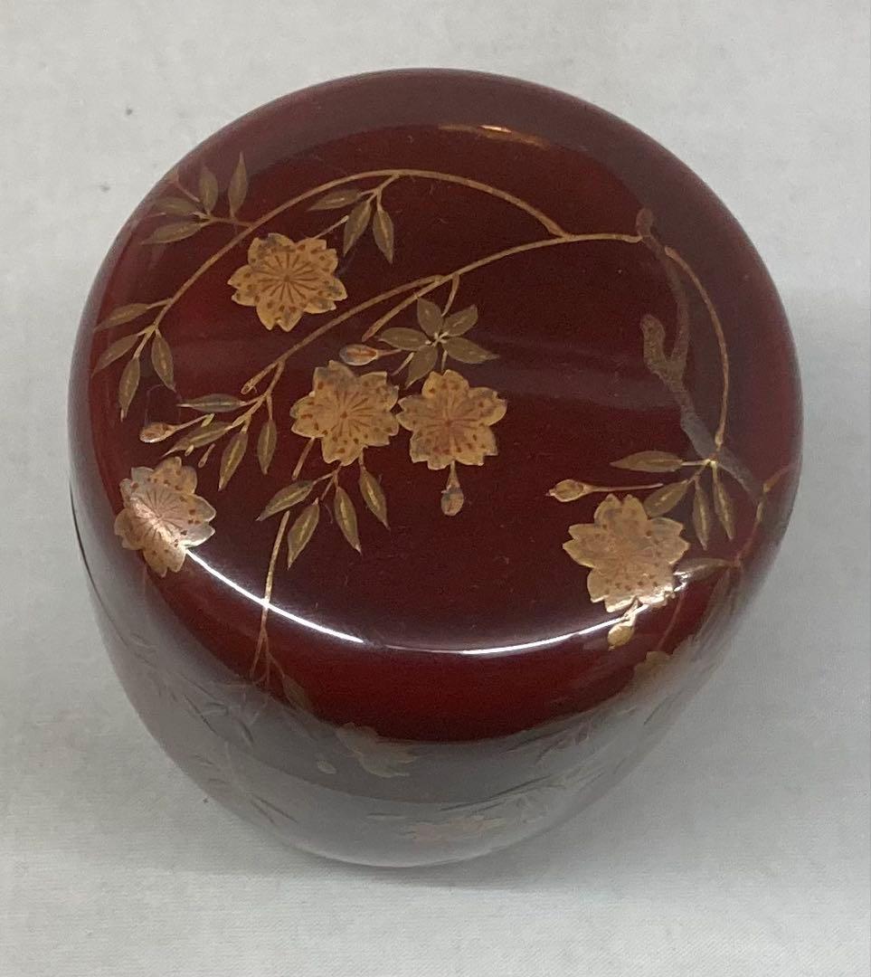 B531b「桜蒔絵 棗」佐路作　溜塗　共箱　平安　茶器　茶道具