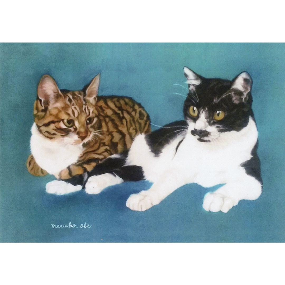 原画「寝床の二匹」《＋猫イラスト３枚無料プレゼント》水彩画