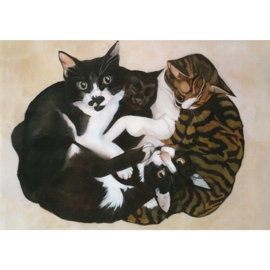 原画「寝床の二匹」《＋猫イラスト３枚無料プレゼント》水彩画