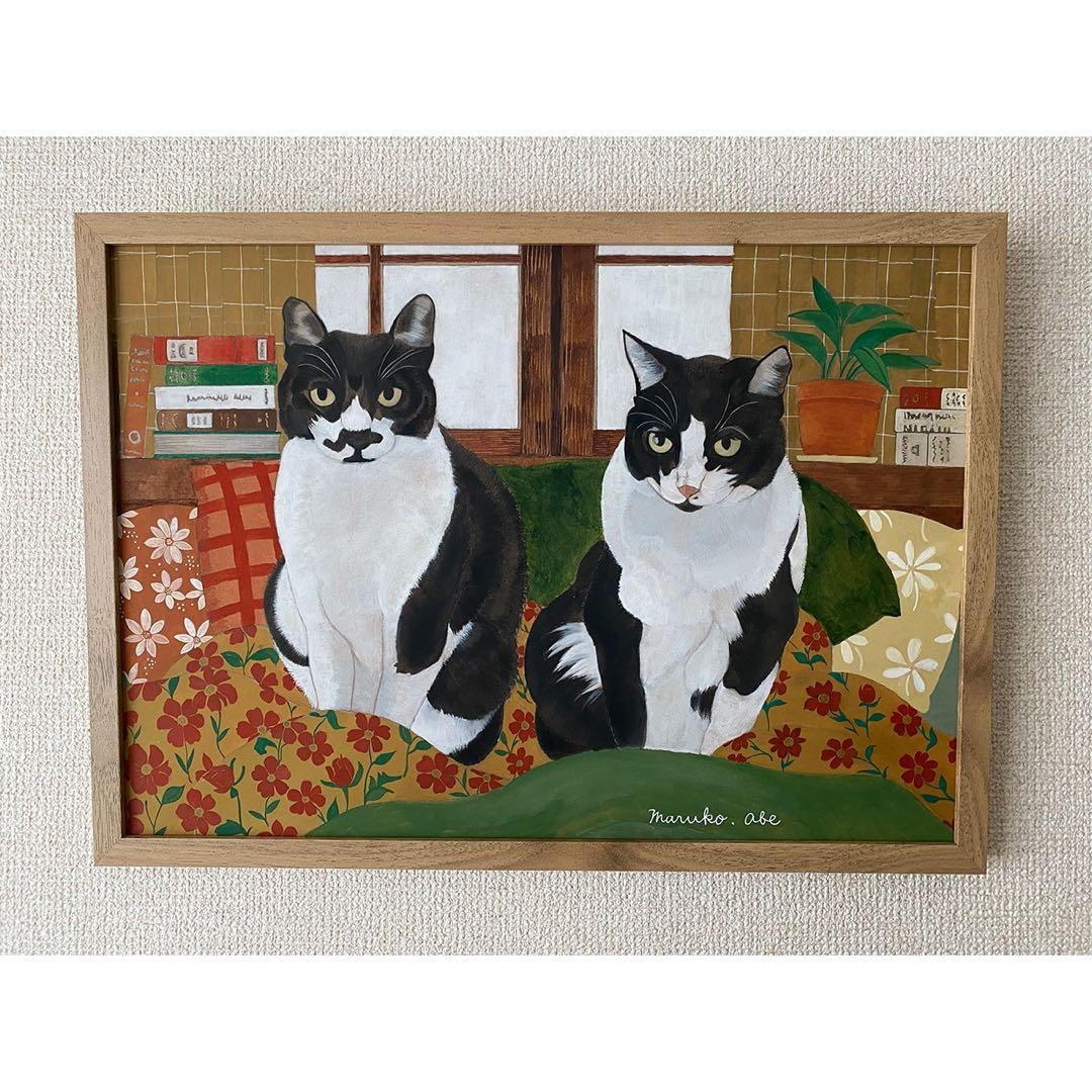 原画「寝床の二匹」《＋猫イラスト３枚無料プレゼント》水彩画