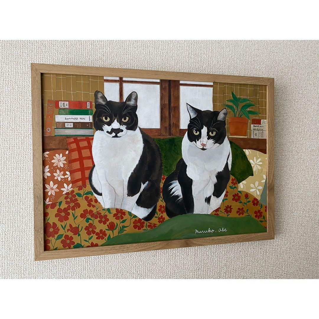 原画「寝床の二匹」《＋猫イラスト３枚無料プレゼント》水彩画