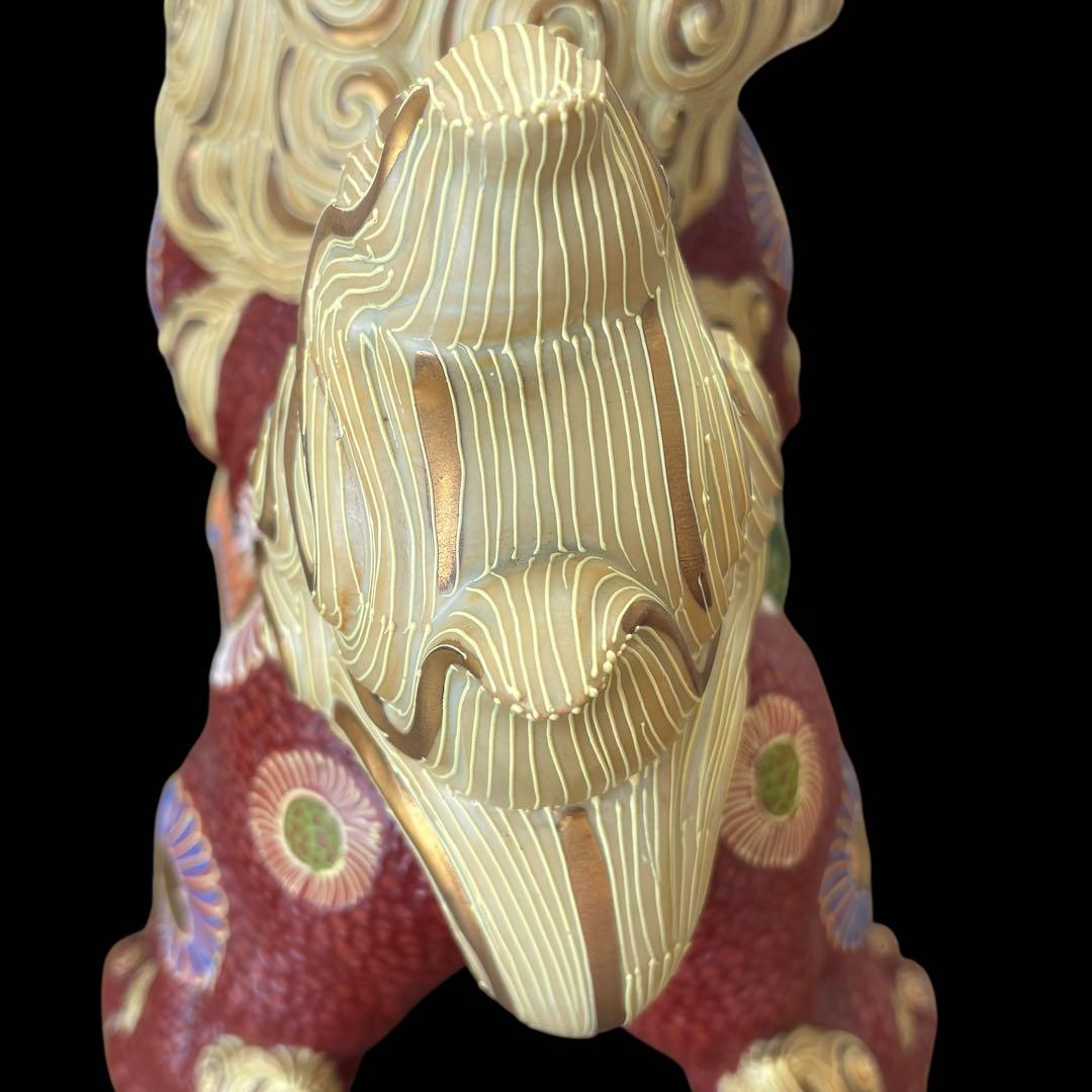 美品 高さ約31 九谷焼 八幡窯 落款 玉乗り獅子 一対 左乗り