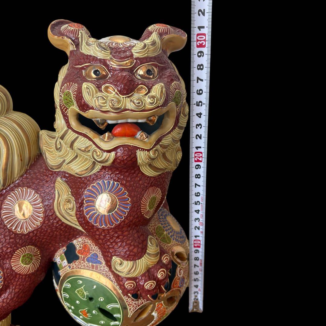 美品 高さ約31 九谷焼 八幡窯 落款 玉乗り獅子 一対 左乗り