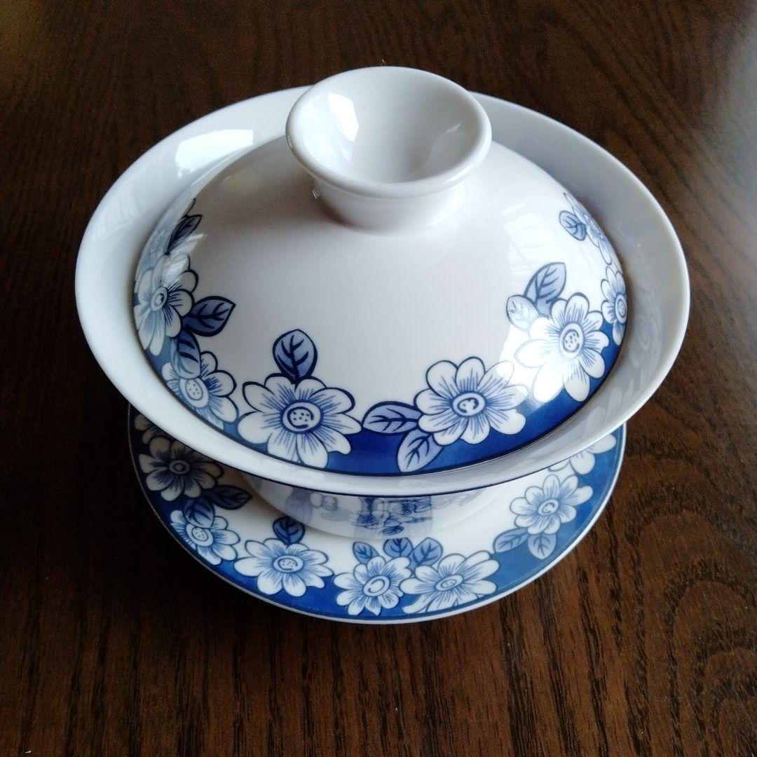 中国骨董【染付青花高台蓋皿付碗】茶道具大き目サイズ茶碗蓋皿3点セット最高級陶磁器